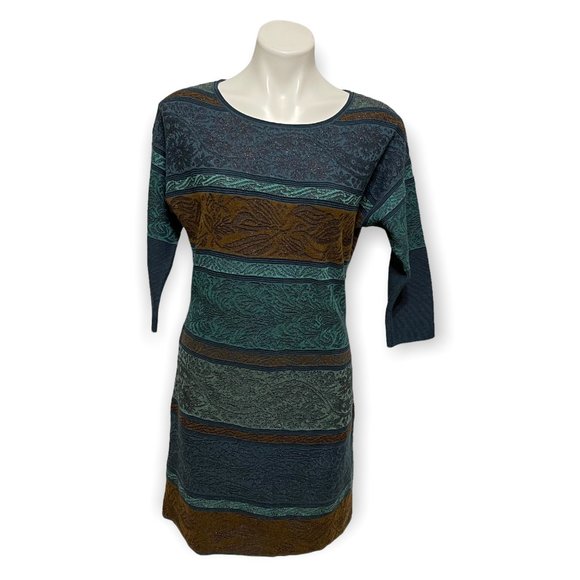 Peruvian Connection Small Green Brown Metallic Detail 3/4 Sleeve Brocade Dress - Picture 2 of 6